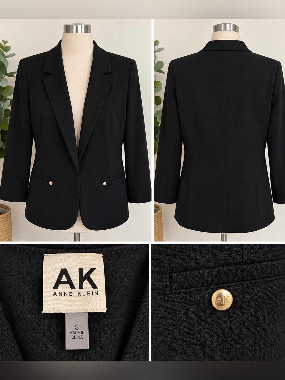 Anne Klein Black Blazer with Gold Accent Buttons